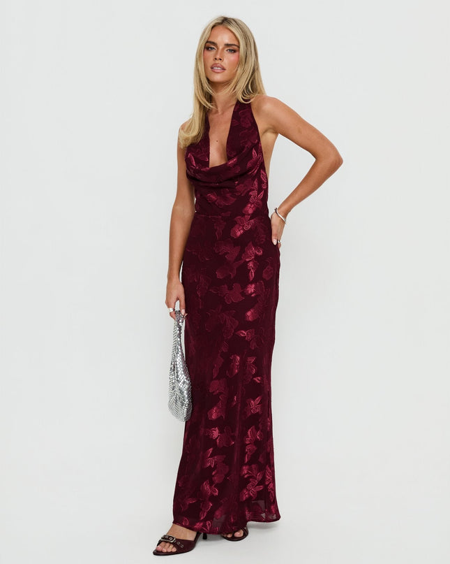 Jazminah Halter Cowl Neck Maxi Dress Burgundy
