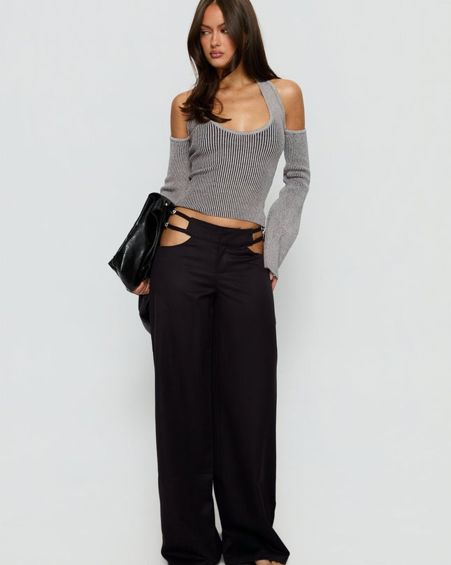 Novelia Halter Long Sleeve Top Black / Grey