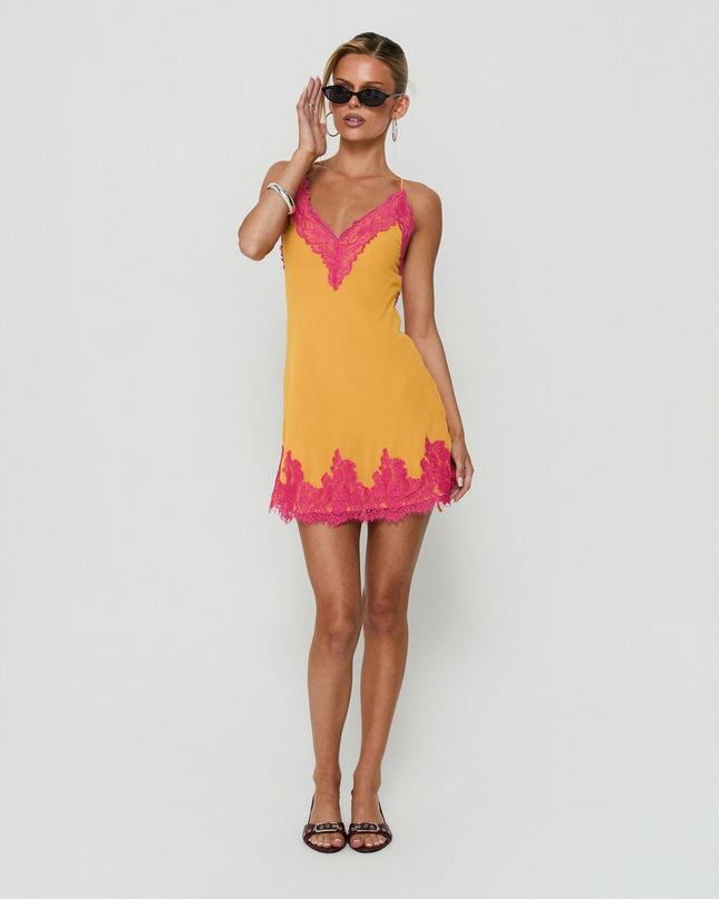 Call My Lover Lace Slip Mini Dress Gold / Fuchsia