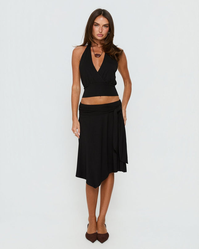 Soft Focus Tie Waist Midi Skirt Black