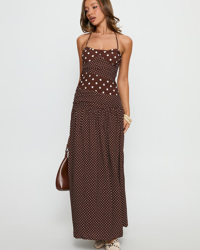 Marguerite Halter Maxi Dress Brown Polka Dot