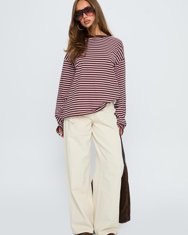 Settle Down Long Sleeve Top Pink / Brown Stripe
