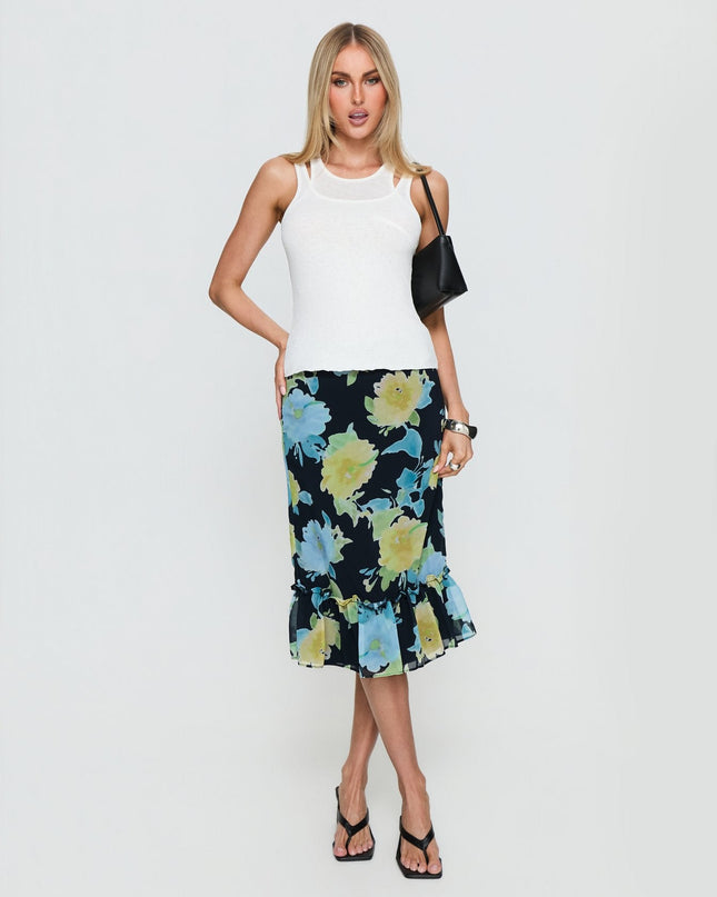 Tarla Midi Skirt Crystal Black Flower