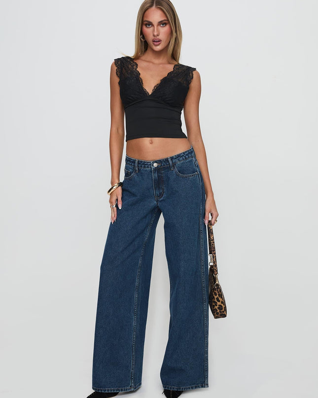 Ramos Low Rise Wide Leg Denim Jeans Dark Blue Wash