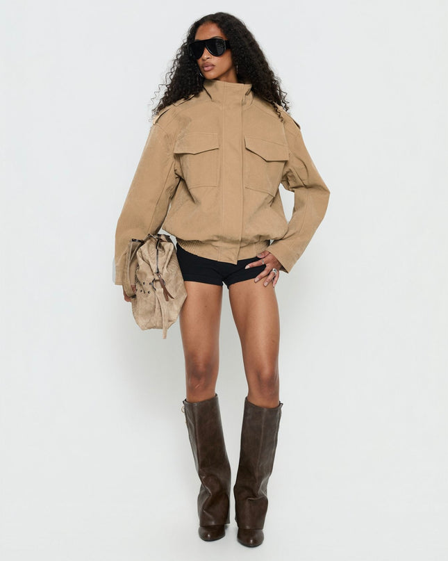 Double Life Funnel Neck Cargo Jacket Beige