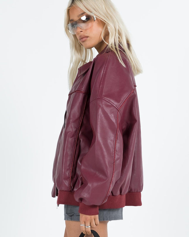 Goldsmith Faux Leather Bomber Jacket Burgundy