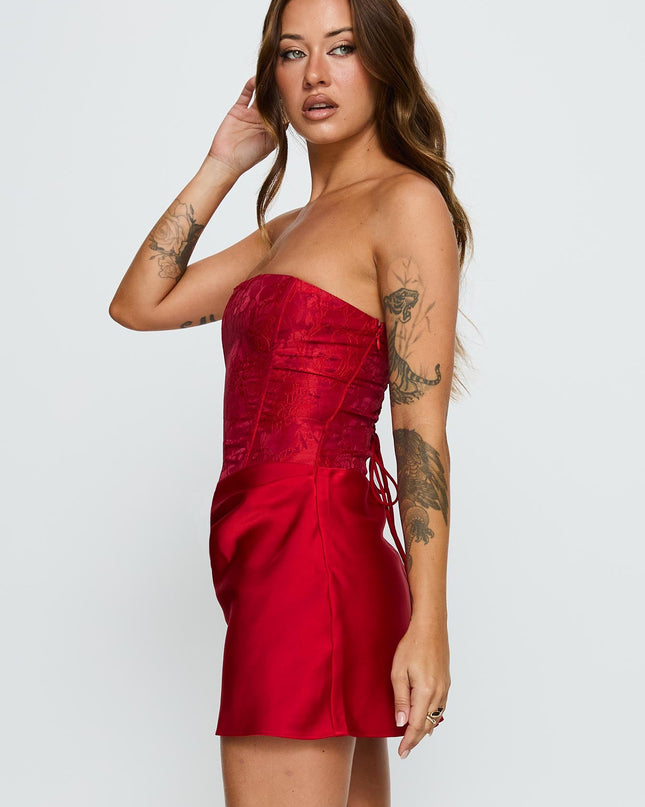 Jenevieve Strapless Drape Mini Dress Red