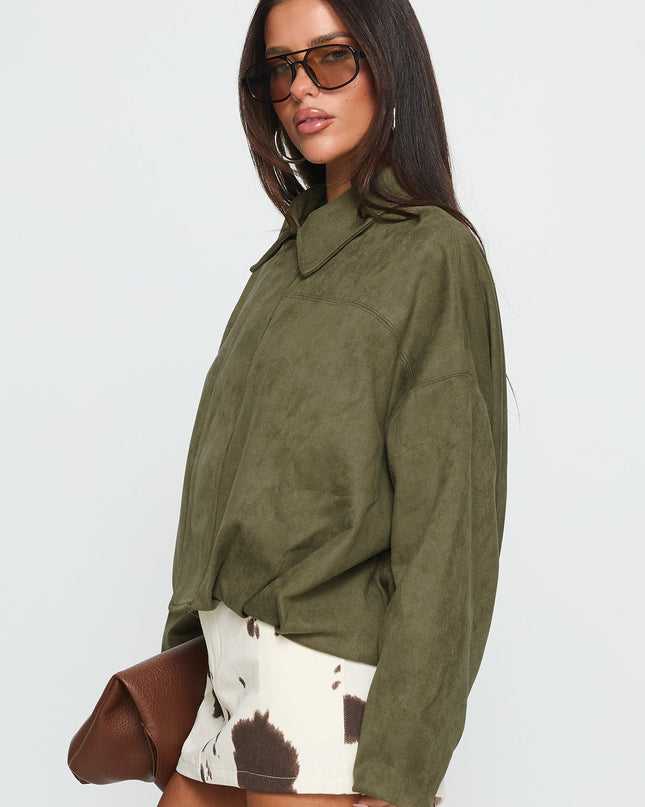 Enlightened Faux Suede Bomber Jacket Khaki