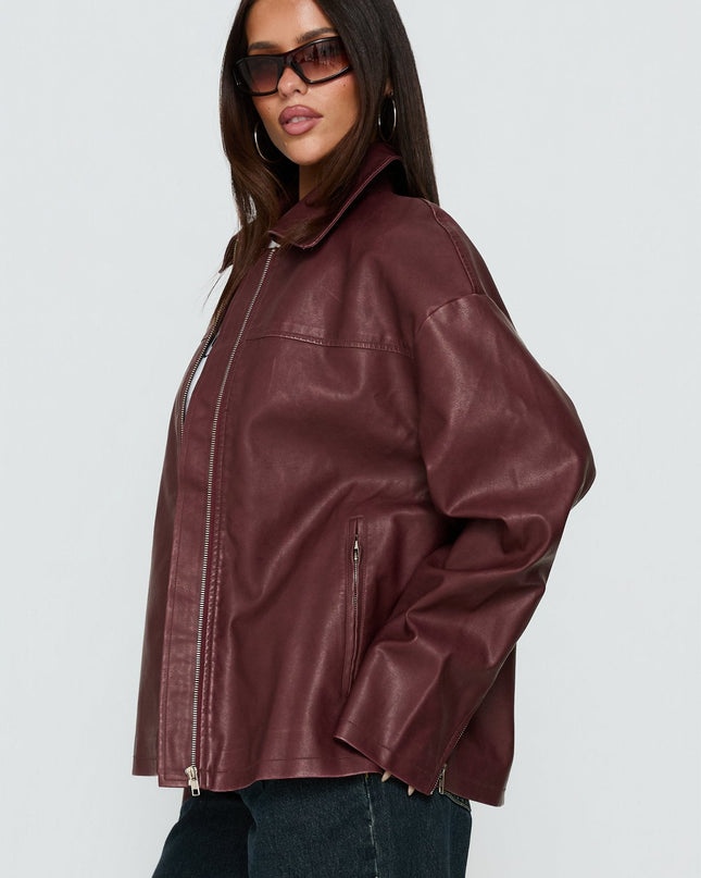 Napoleon Faux Leather Jacket Burgundy