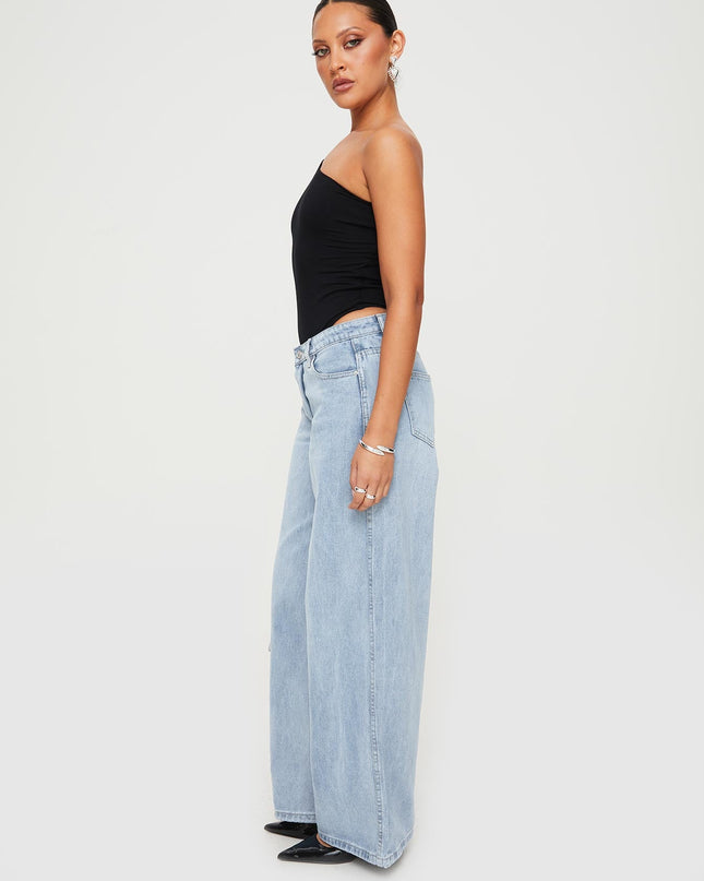 Ramos Low Rise Wide Leg Denim Jeans Light Blue Wash
