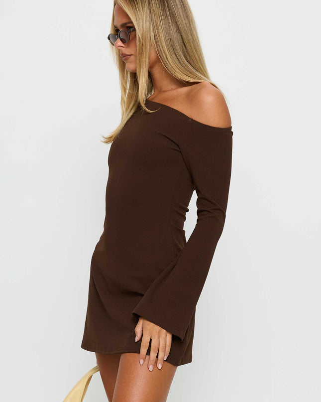 Adrietta Long Sleeve Off Shoulder Mini Dress Brown