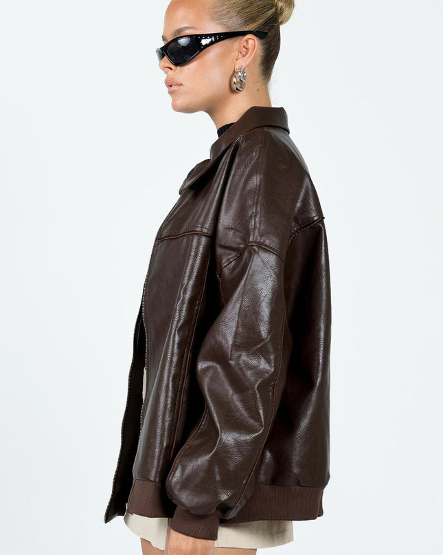 Goldsmith Faux Leather Bomber Jacket Brown