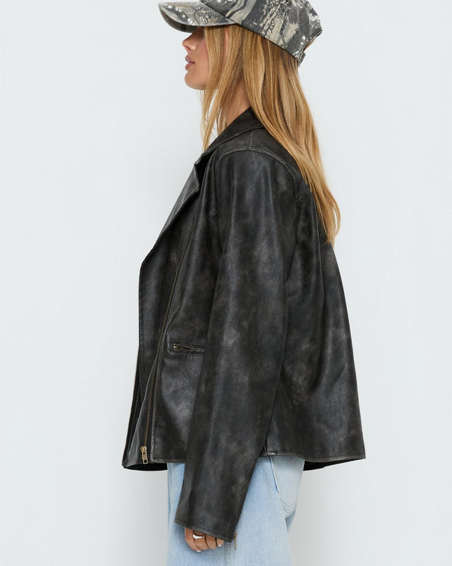 Vyolette Faux Leather Collared Jacket Washed Black