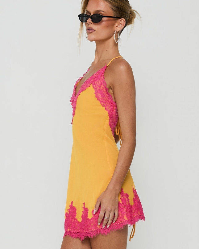 Call My Lover Lace Slip Mini Dress Gold / Fuchsia