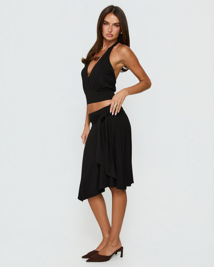 Soft Focus Tie Waist Midi Skirt Black