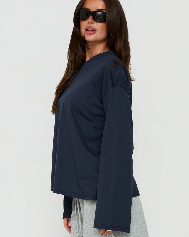 Settle Down Long Sleeve V Neck Top Navy