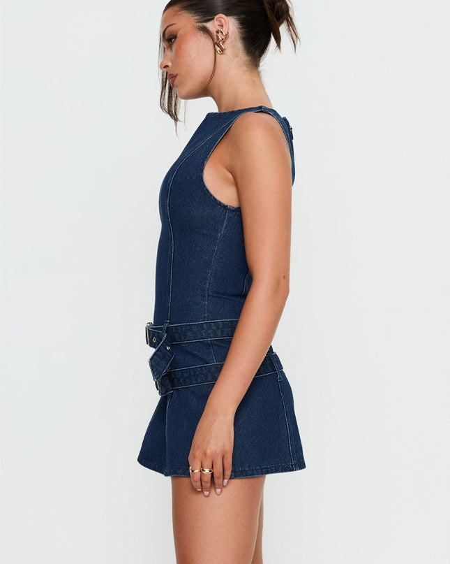 Kainer Denim Buckle Mini Dress Dark Blue Wash