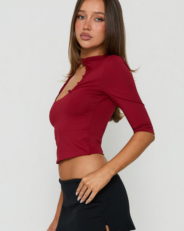 Marcelia 3/4 Sleeve Keyhole Top Red