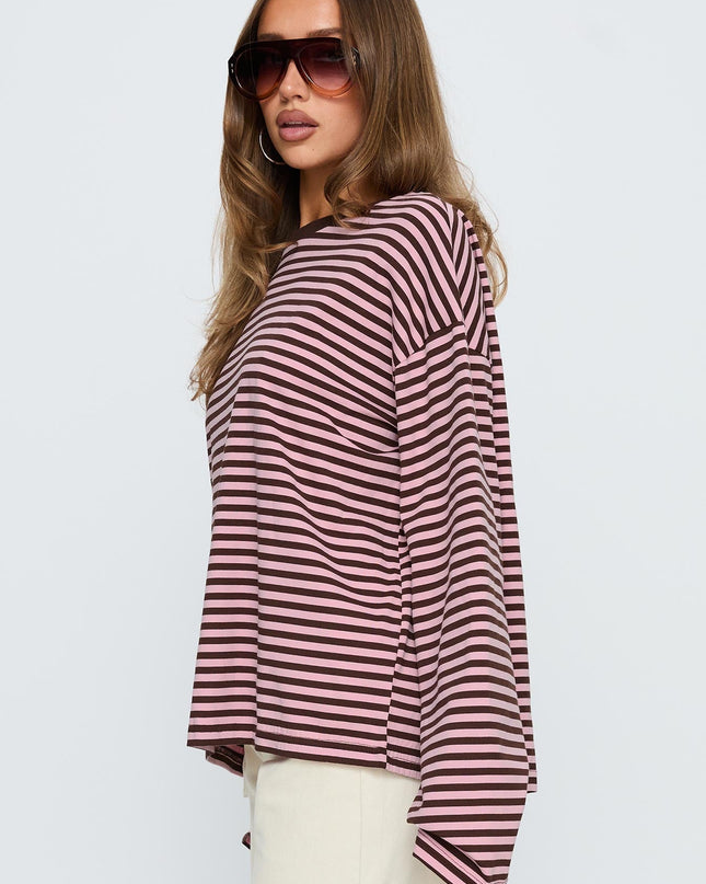 Settle Down Long Sleeve Top Pink / Brown Stripe