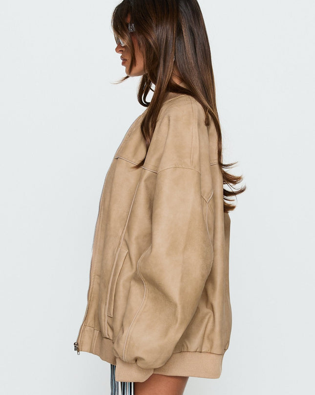 Believe It Faux Leather Bomber Jacket Washed Stone