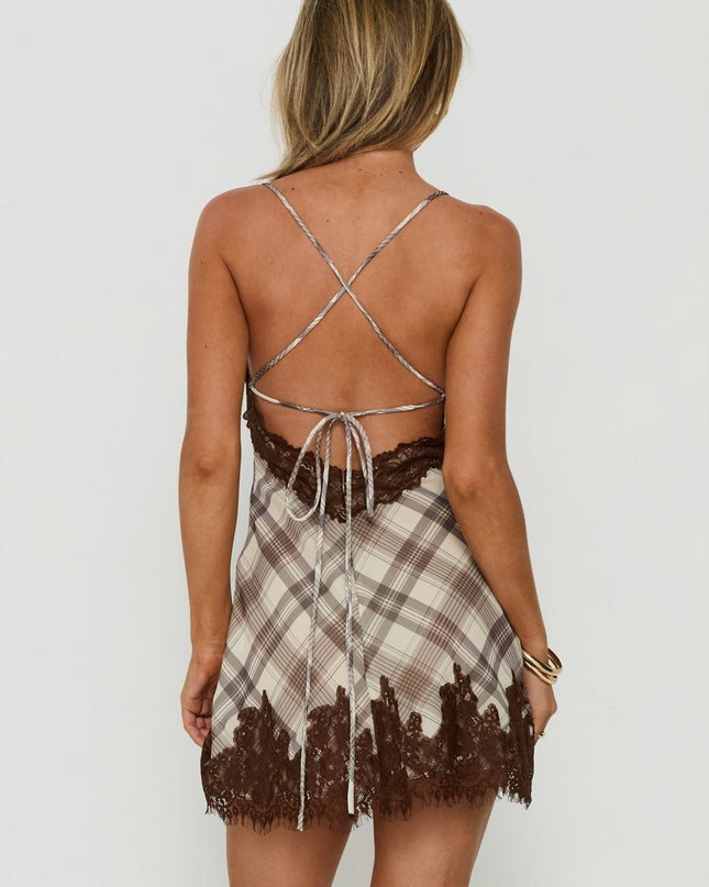 Call My Lover Lace Slip Mini Dress Brown Check