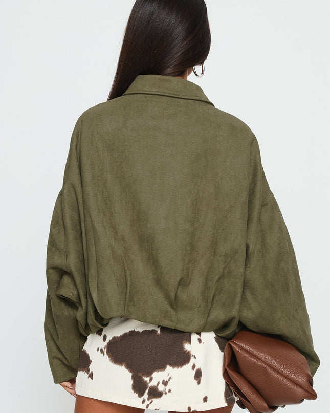 Enlightened Faux Suede Bomber Jacket Khaki