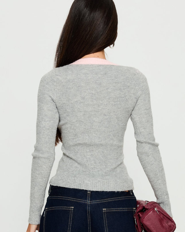 Vanita V Neck Long Sleeve Top Grey / Pink