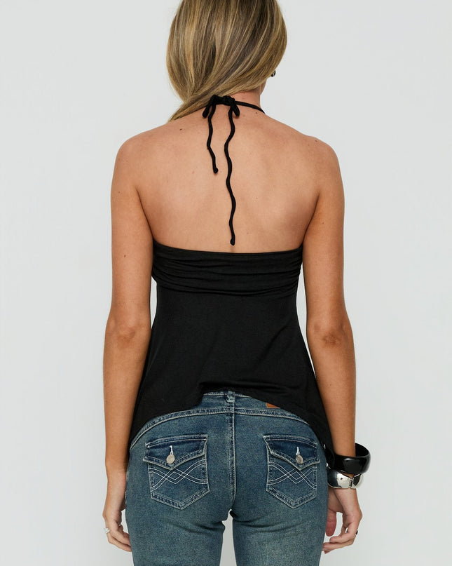Betsey Ring Detail Tie Neck Top Black