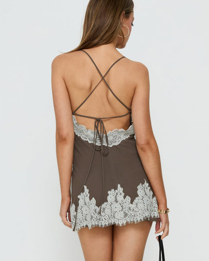 Call My Lover Lace Slip Mini Dress Brown / Cream
