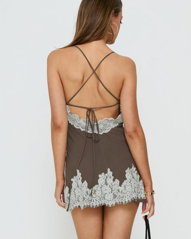Call My Lover Lace Slip Mini Dress Brown / Cream