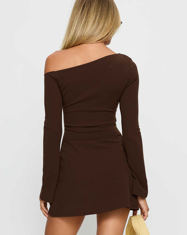 Adrietta Long Sleeve Off Shoulder Mini Dress Brown