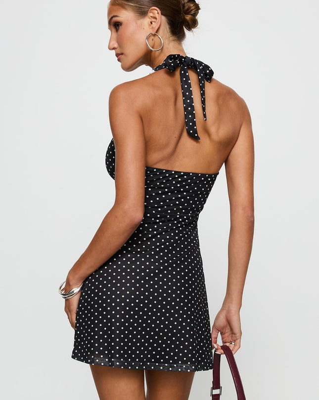 Black Beauty Halter Mini Dress Black / Polka
