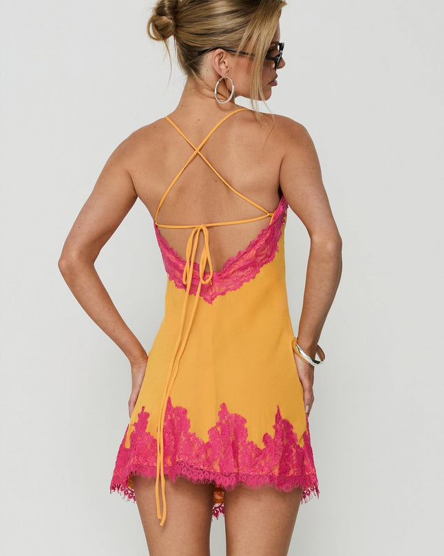 Call My Lover Lace Slip Mini Dress Gold / Fuchsia