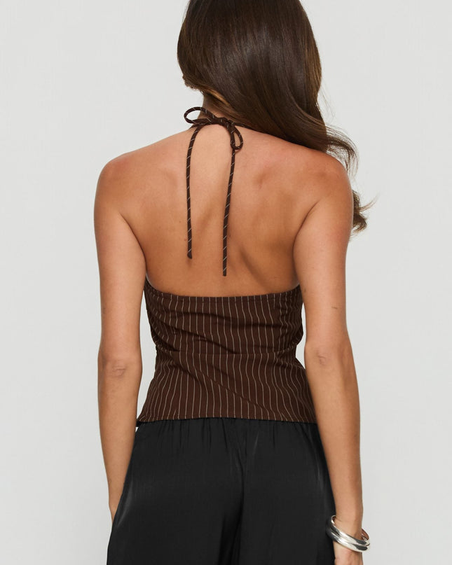 Cherise Bead Detail Top Brown Pinstripe