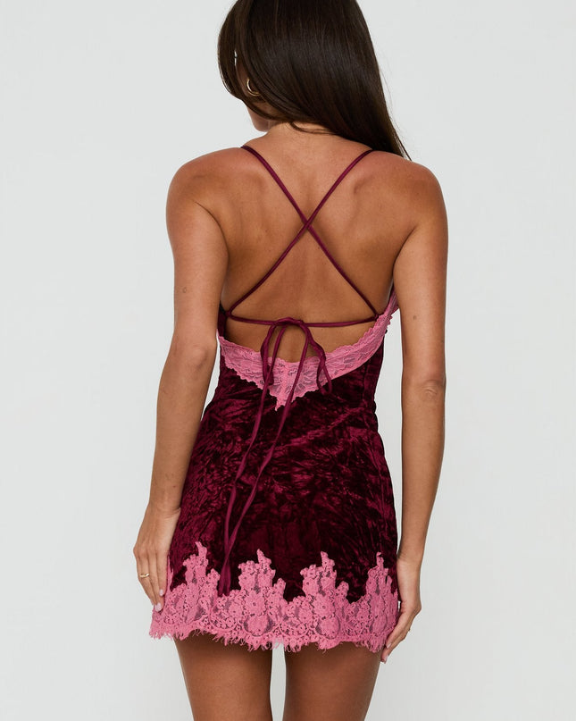 Call My Lover Velvet Lace Slip Mini Dress Plum / Pink