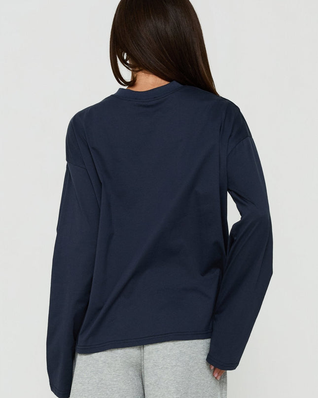 Settle Down Long Sleeve V Neck Top Navy