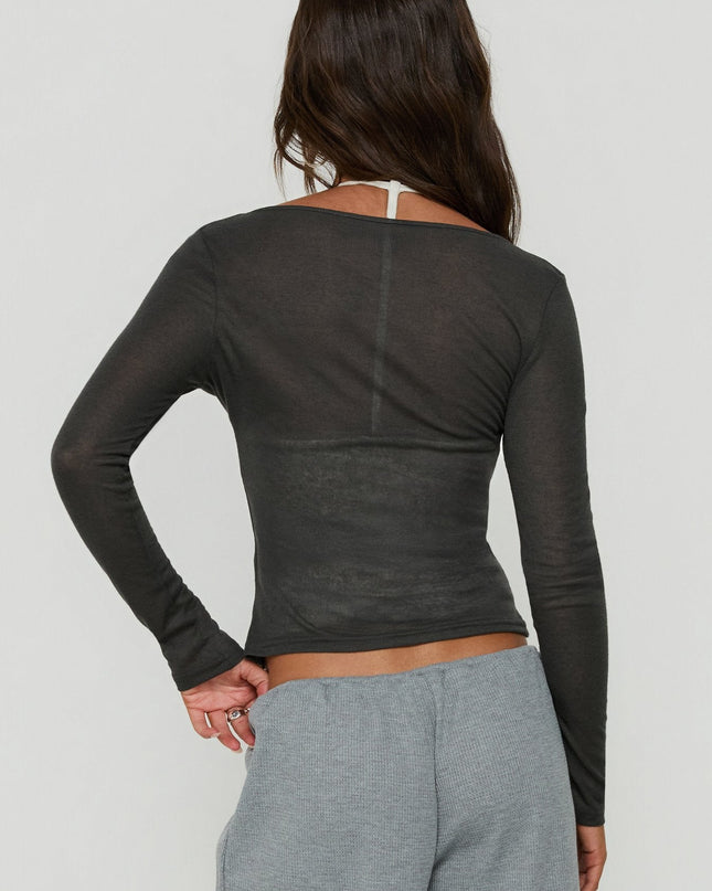 Kaiyah Sheer V Neck Long Sleeve Top Slate