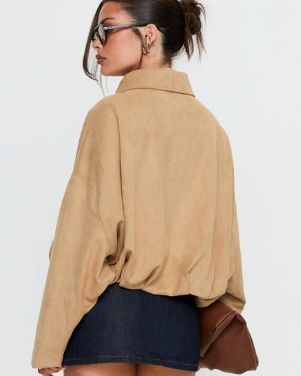 Enlightened Faux Suede Bomber Jacket Beige