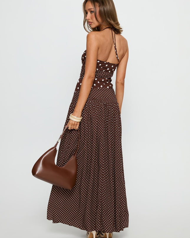 Marguerite Halter Maxi Dress Brown Polka Dot