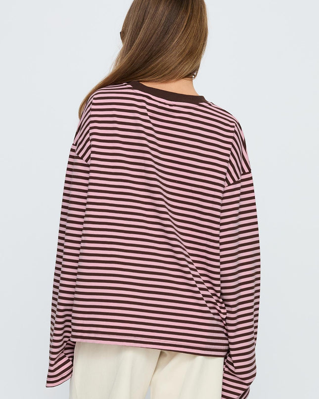 Settle Down Long Sleeve Top Pink / Brown Stripe