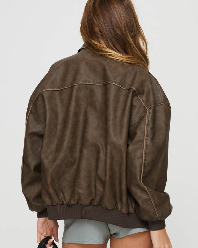 Goldsmith Faux Leather Bomber Jacket Washed Dark Brown