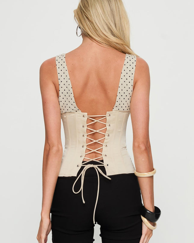 Briannah Contrast Corset Top Cream Polka Dot