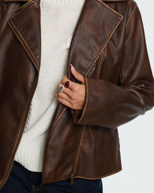 Vyolette Faux Leather Collared Jacket Washed Brown