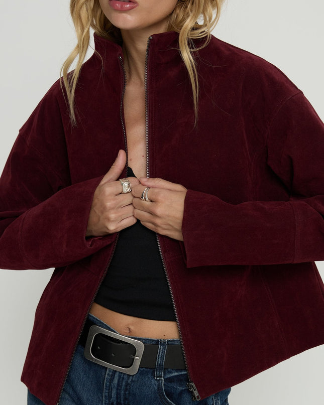 Jessalynn Faux Suede Zip Through Jacket Burgundy