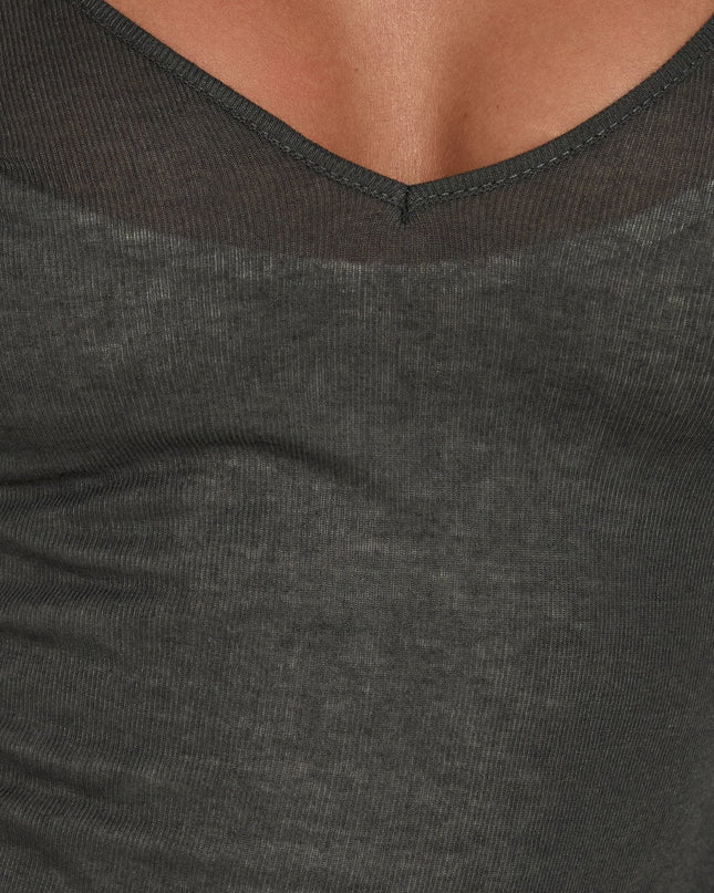 Kaiyah Sheer V Neck Long Sleeve Top Slate