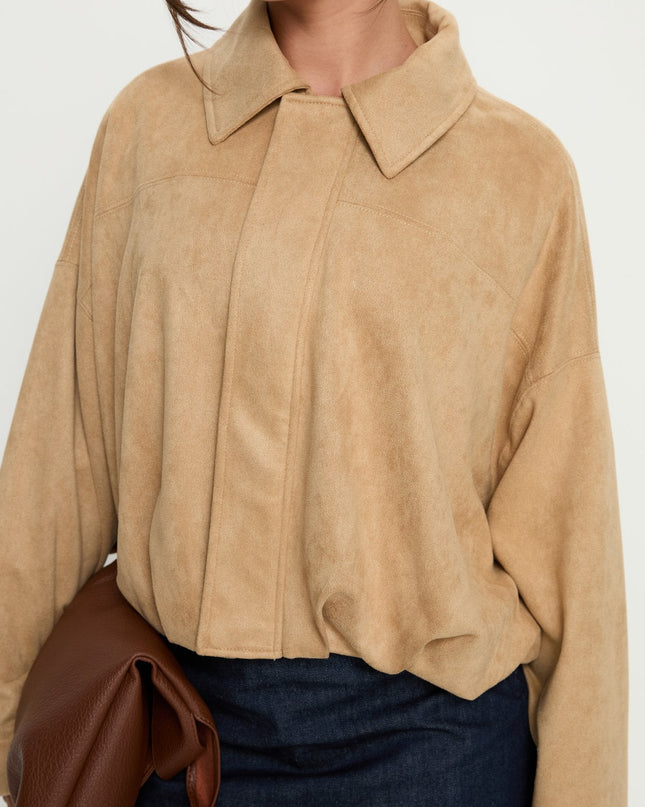 Enlightened Faux Suede Bomber Jacket Beige
