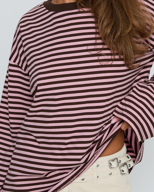 Settle Down Long Sleeve Top Pink / Brown Stripe