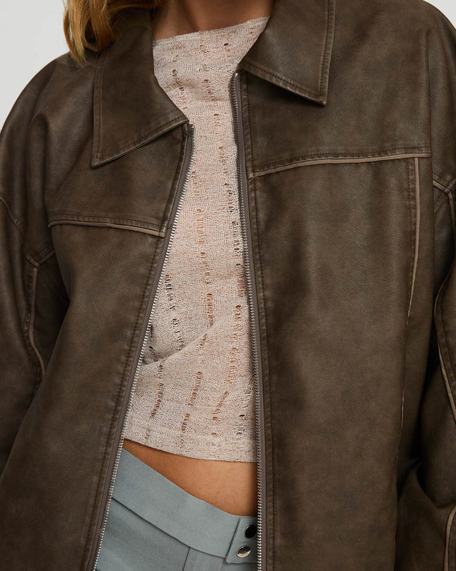 Goldsmith Faux Leather Bomber Jacket Washed Dark Brown