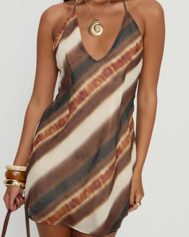 Esmira Halter Mini Dress Brown Stripe