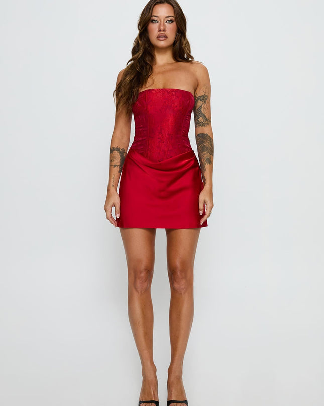 Jenevieve Strapless Drape Mini Dress Red